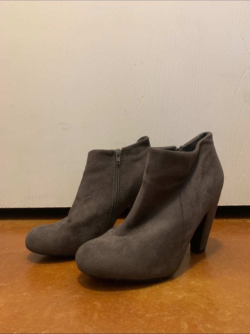 BAMBOO Gray Suede Heeled Ankle Booties